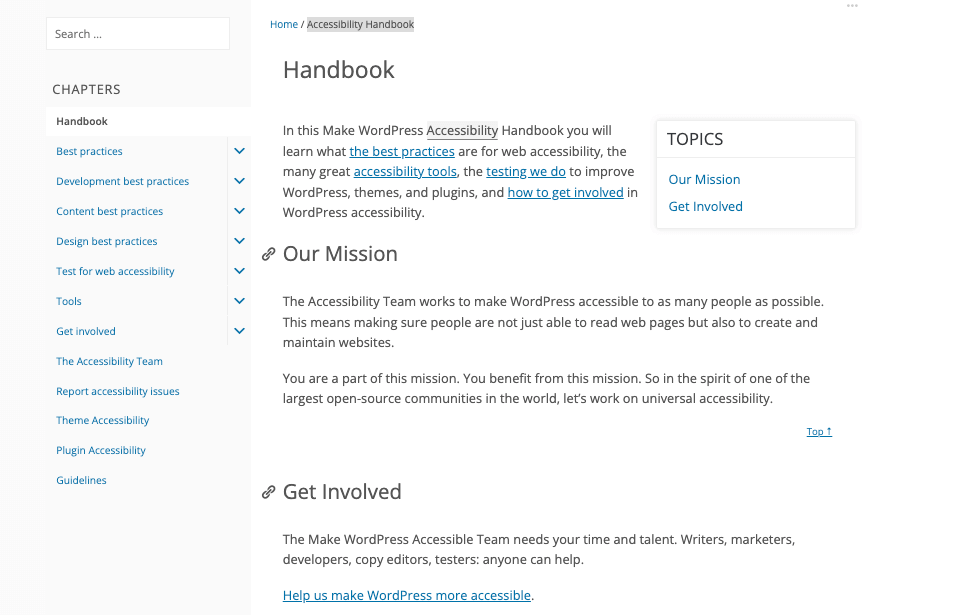 Das Handbuch für Barrierefreiheit von der WordPress Community ist online zugänglich. Hier siehst du einen ausschnitt der Webseite.