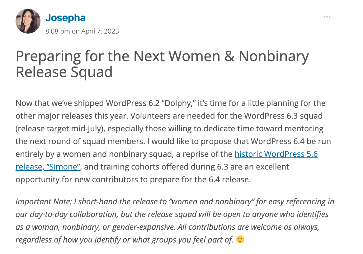 Der Vorschlag eine Frauen und non-binäre Entwicklergruppe für WordPress 6.4 zu entwickeln.