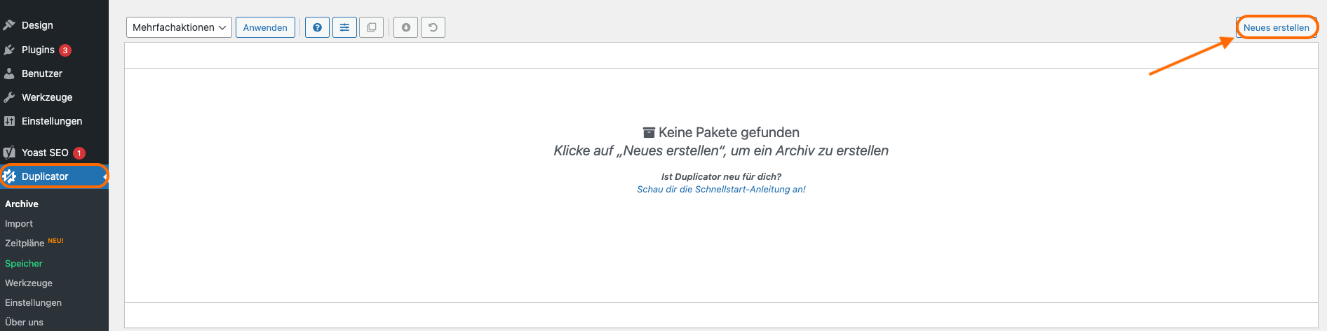 Duplicator Plugin ein Archiv erstellen