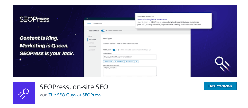 Das Plugin SEOPress gibt es kostenlos bei WordPress