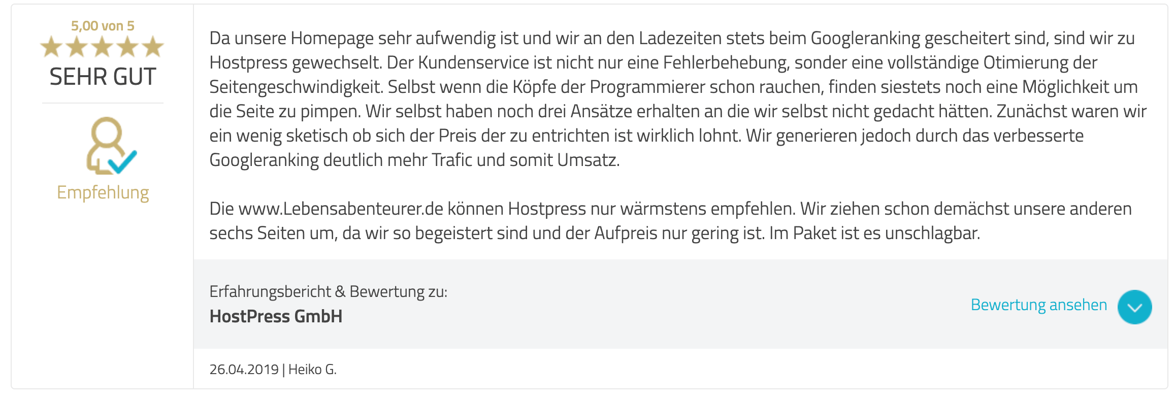 eine Bweertung bei Proven Expert zur Demo Migration