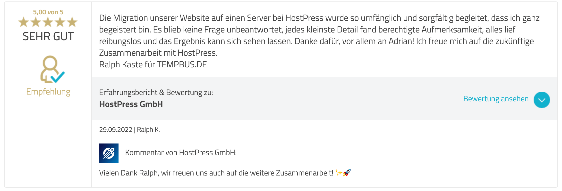 eine Bweertung bei Proven Expert zur Demo Migration