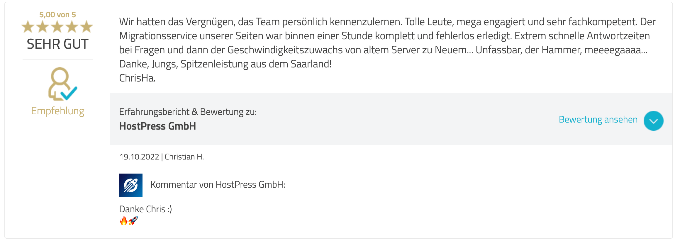 eine Bweertung bei Proven Expert zur Demo Migration