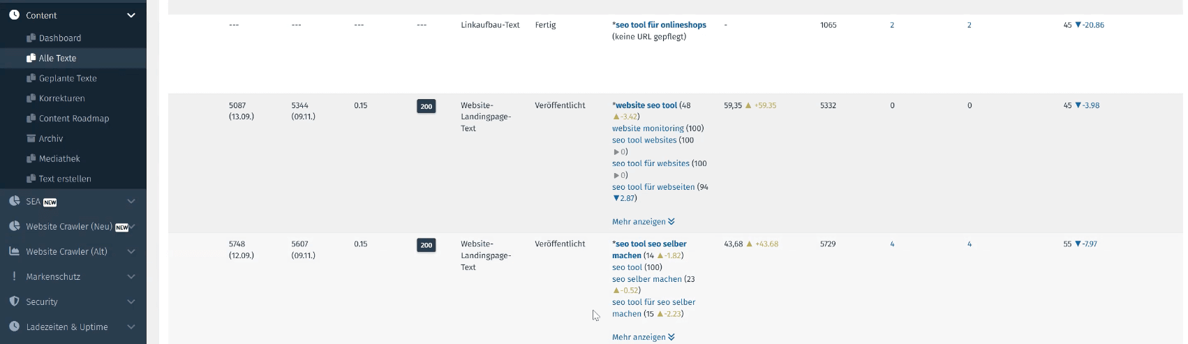 In der Performance Suite kannst du genau sehen, welche Keywords in deinen Beiträgen gut ranken.