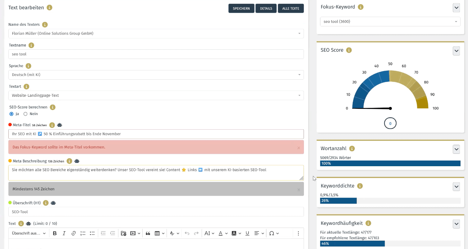 Die Oberfläche um Texte zu bearbeiten, bietet verschiedene Intuitive Möglichkeiten zur Analyse und SEO-Verbesserungen.