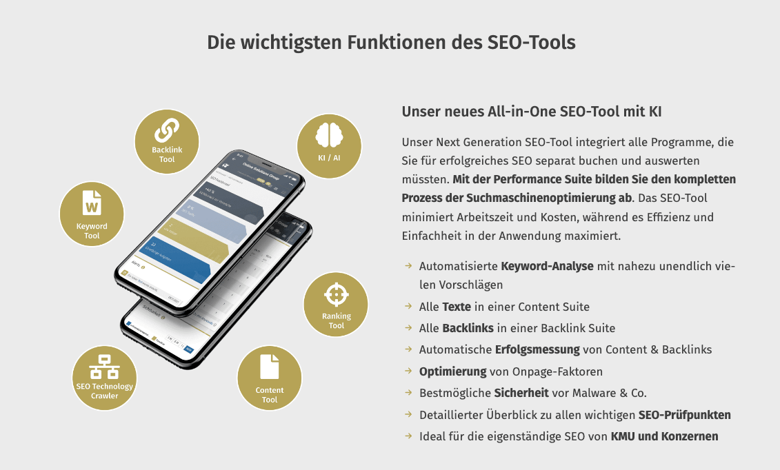 Performance Suite Funktionen des SEO-Tools