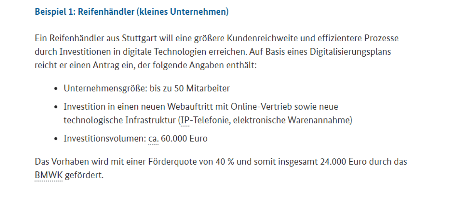Förderbeispiel: Webauftritt mit Online-Vertrieb, gefördert durch “Digital Jetzt” - Quelle: BMWK