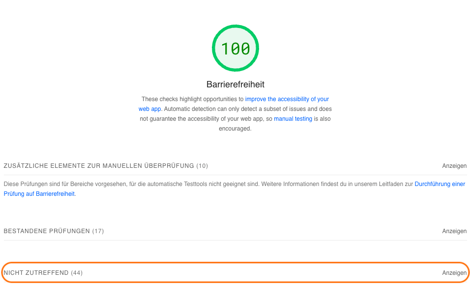 Google PageSpeed Insights am Beispiel der Barrierefreiheit.