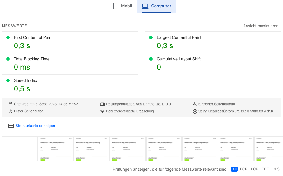 Google PageSpeed Insights zeigt die Ladezeit der Core Web Vital Werte