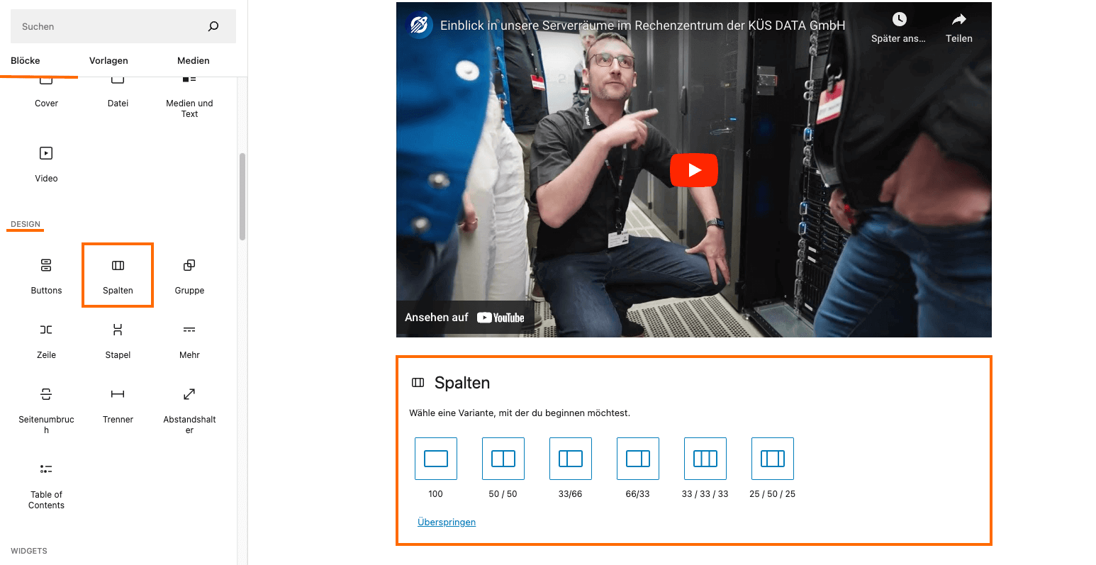 Ein Beispiel, welche Optionen es gibt, um Blöcke in der Breite nebeneinander anzuordnen. Hier siehst du auch, welche Blöcke es in dieser Kategorie noch gibt.