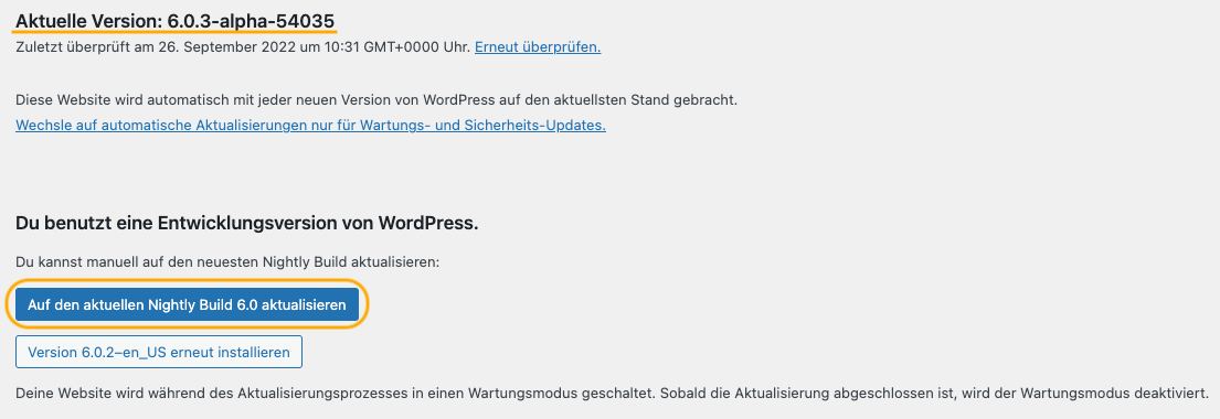 WordPress auf die aktuelle Beta Version aktualisieren