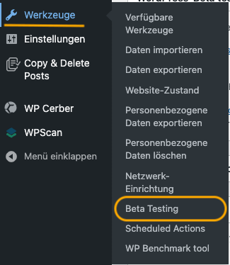 WordPress Beta in deinem Dashboard finden