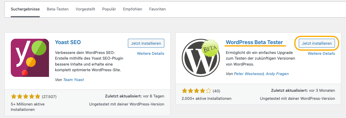 WordPress Beta im Repo finden