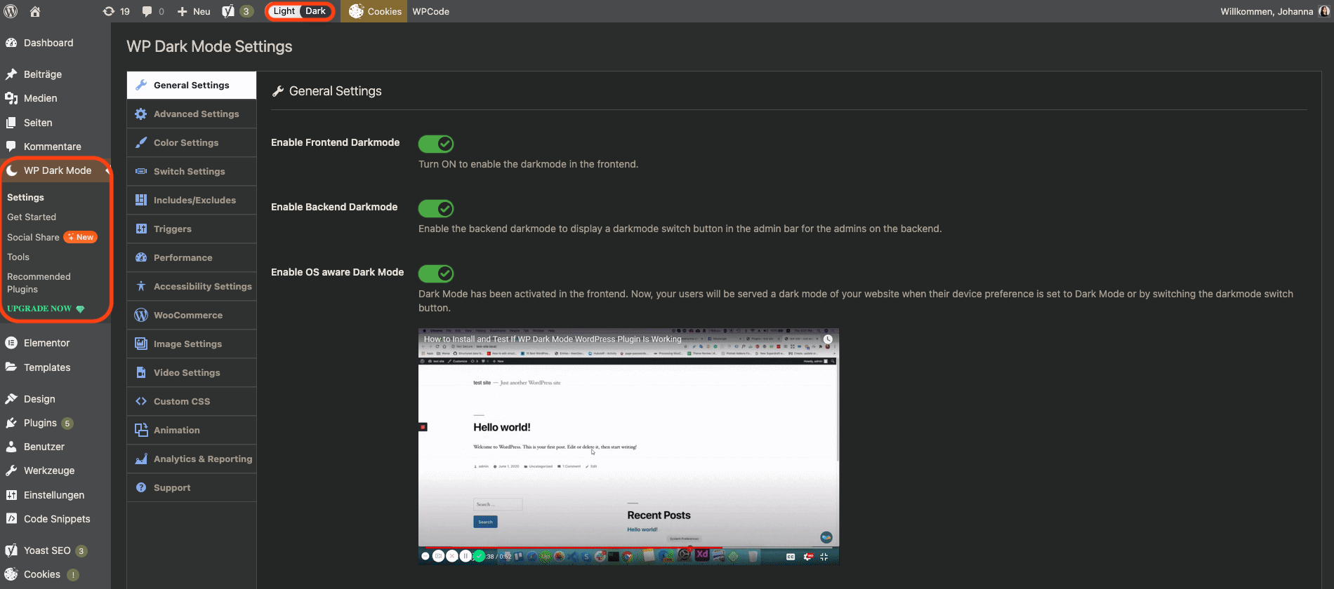 WP Dark Mode Einstellungen