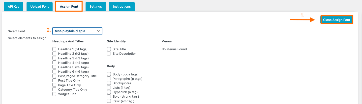 Assign Font, um Schriftarten im Plugin hochzuladen und den Bereichen zuzuordnen.
