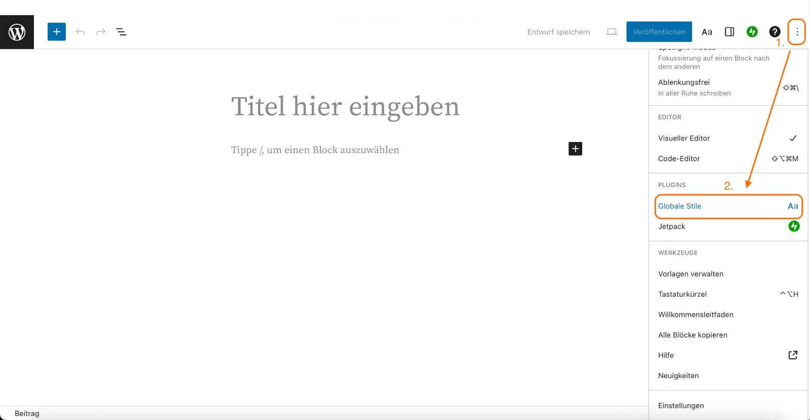 Über die drei Punkte, kannst du deine Schriften bei WordPress.com über Globale Stile ändern.