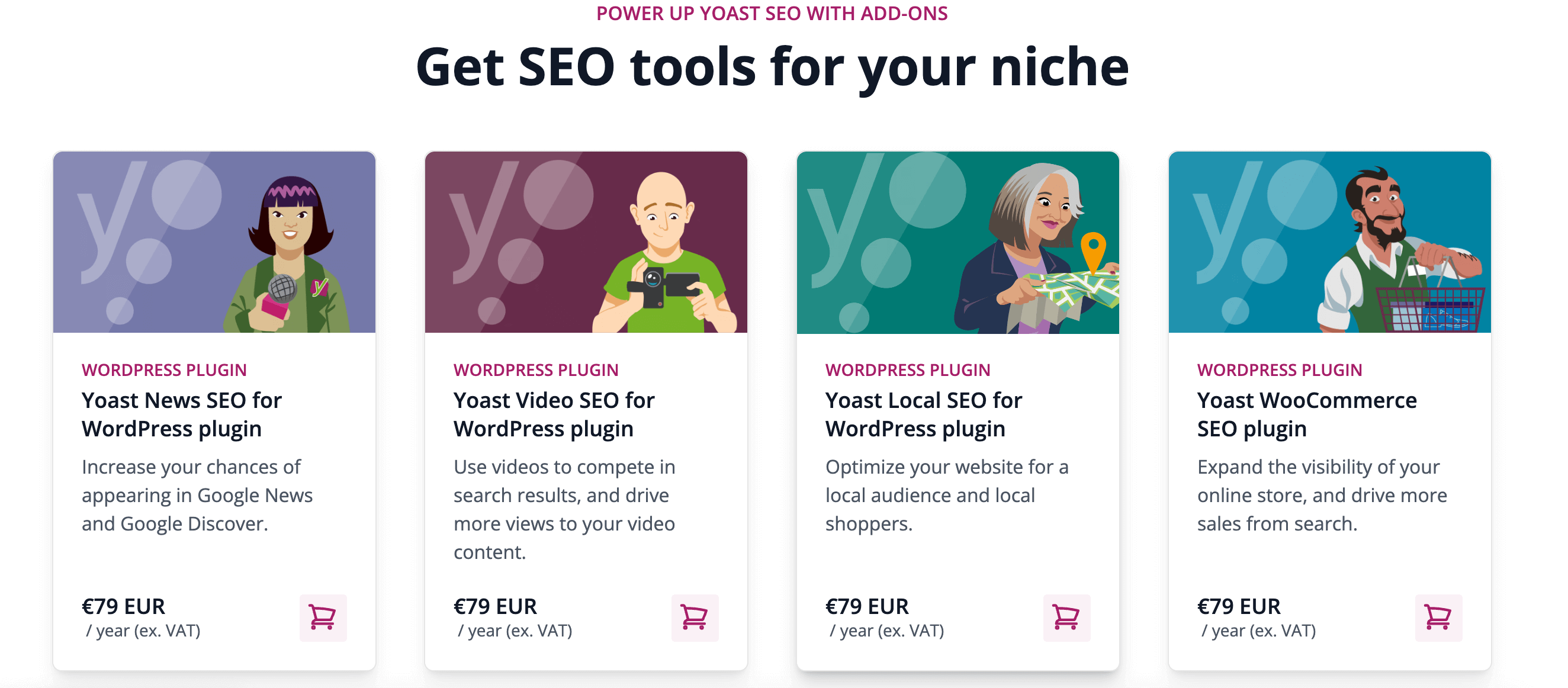 Preise-Seite von Yoast-SEO für verschiedene Anwendungsarten wie WooCommerce oder WordPress