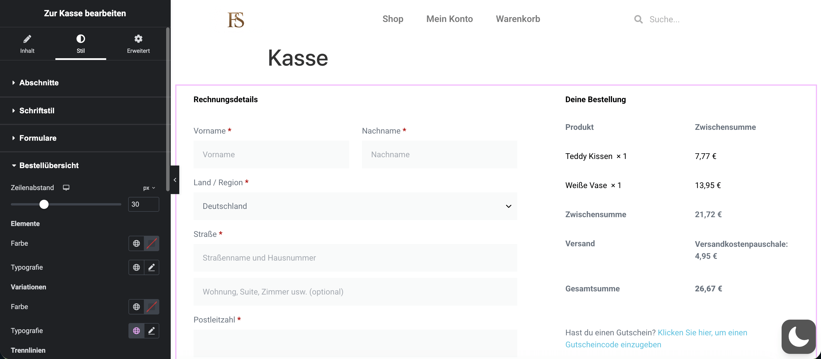 Checkout / Kasse bei Elementor bearbeiten