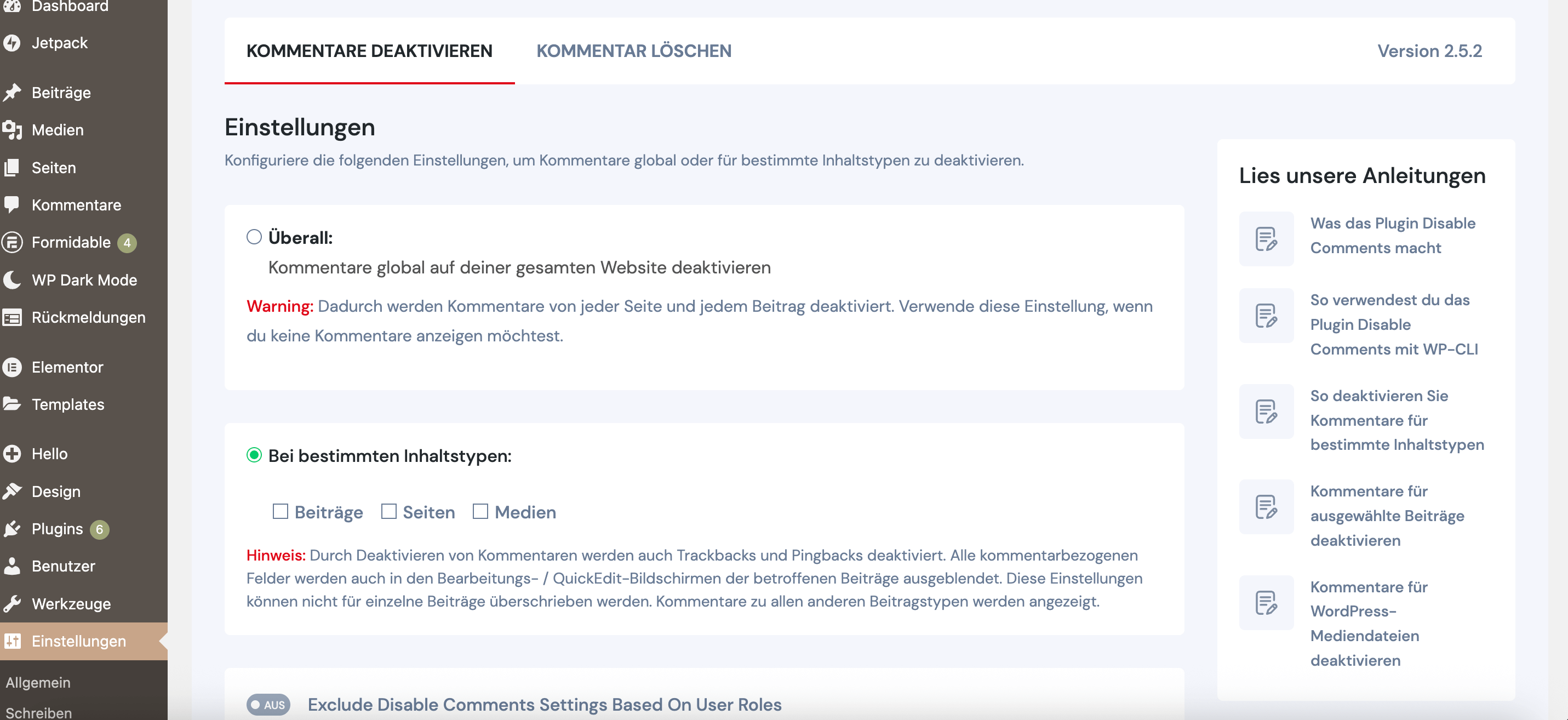 Disable Comments Einblicke in die Backend Einstellungen
