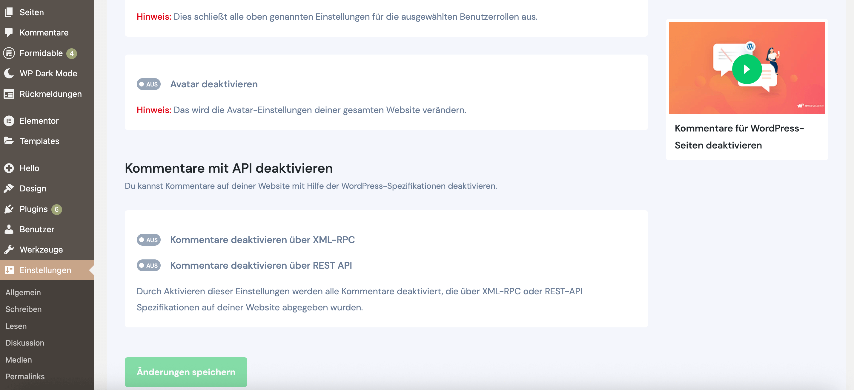 Disable Comments Einblicke ins Backend