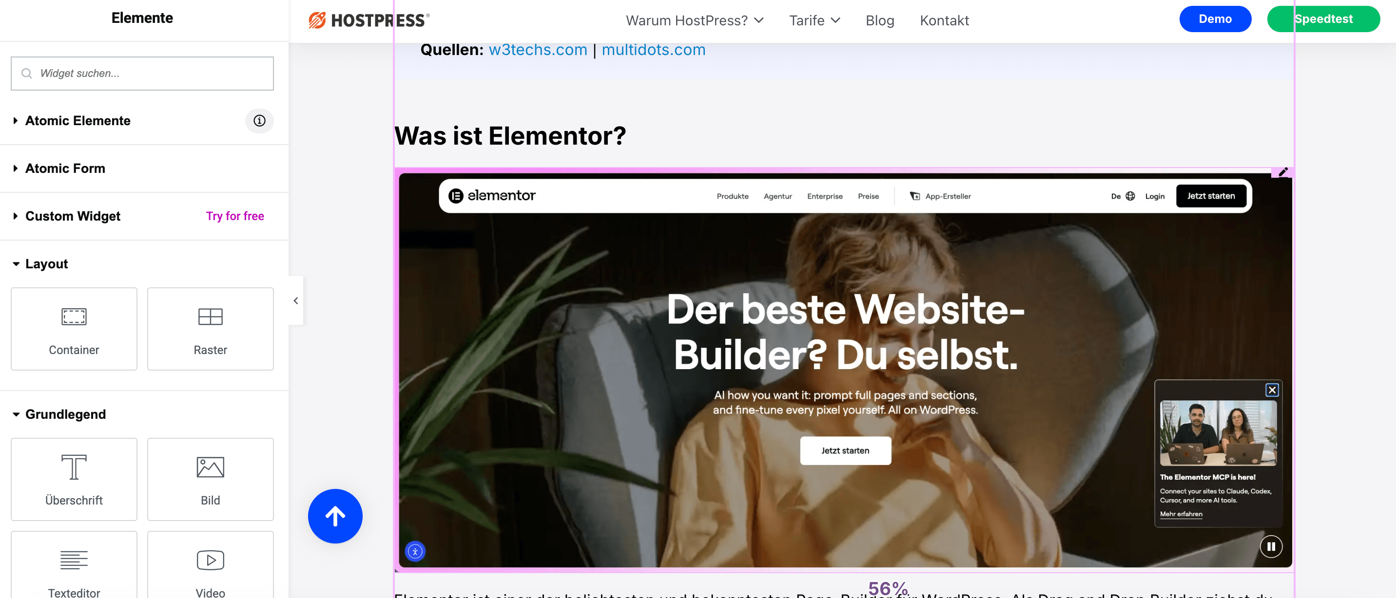 Benutzeroberfläche des Elementor-Editors mit Live-Vorschau