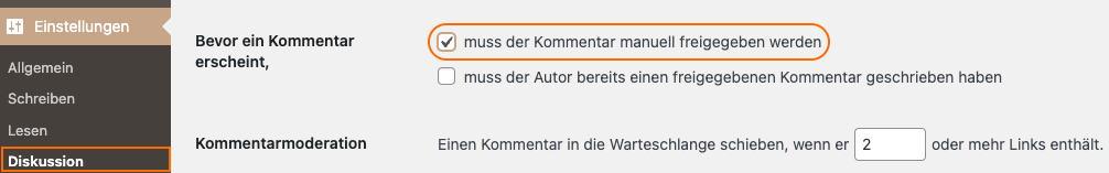 Einstellungen bei WordPress, um Kommentare vorab Freizugeben