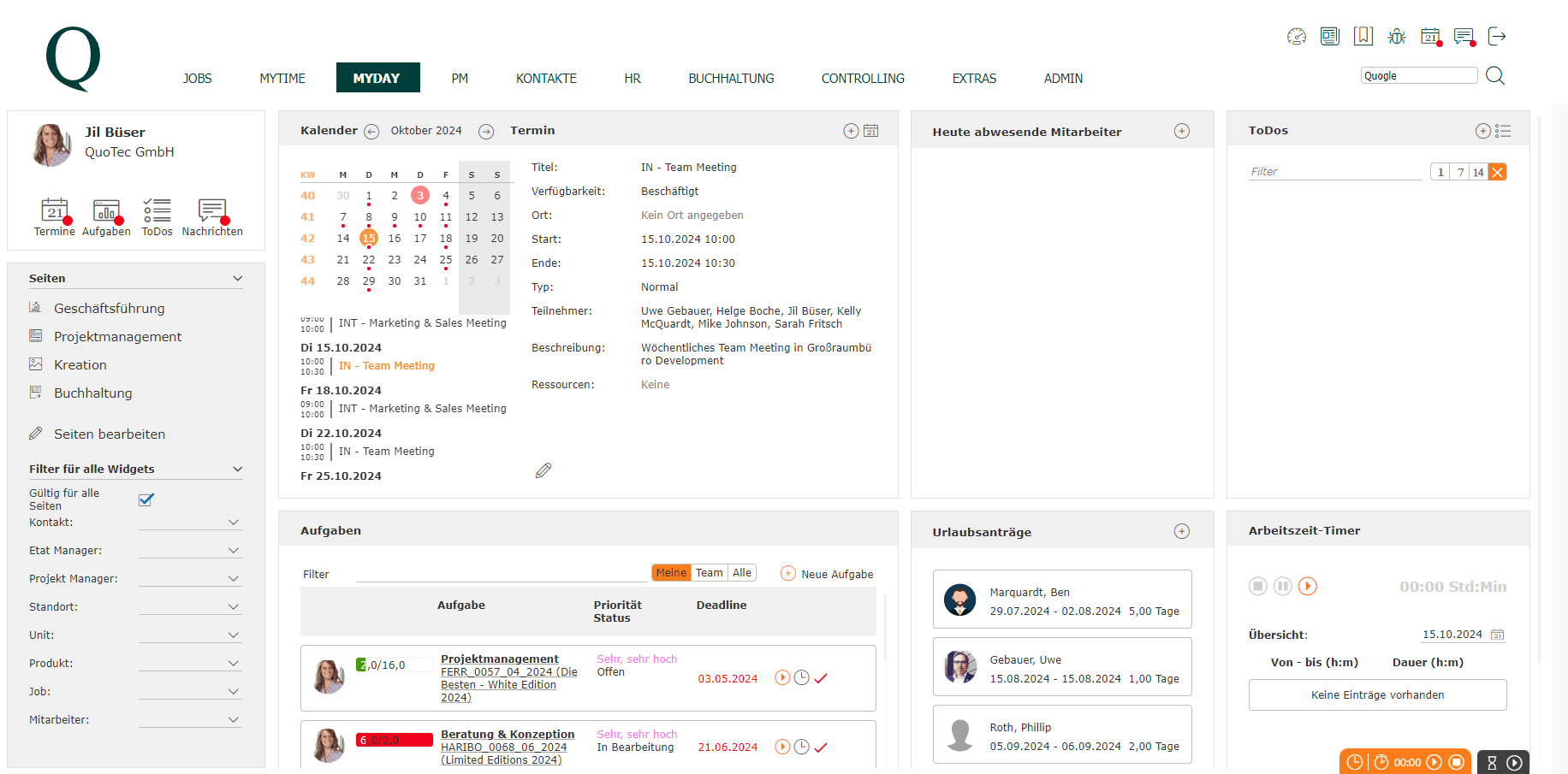 Das Dashboard von QuoJob