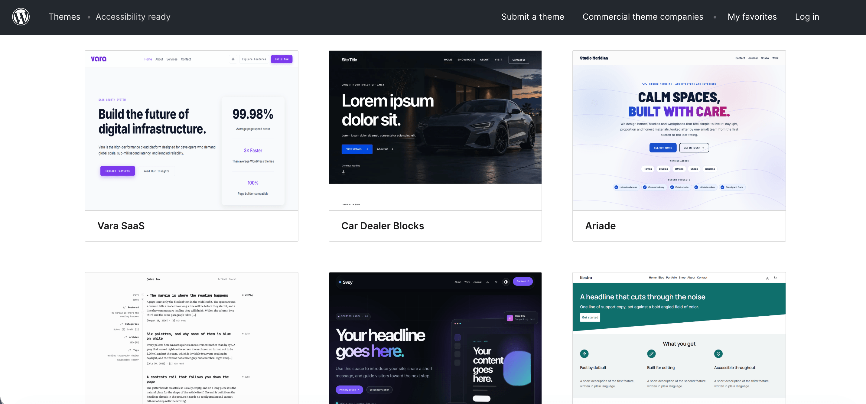 WordPress-Theme-Verzeichnis mit dem Filter „Accessibility Ready“ und einer Auswahl passender Themes