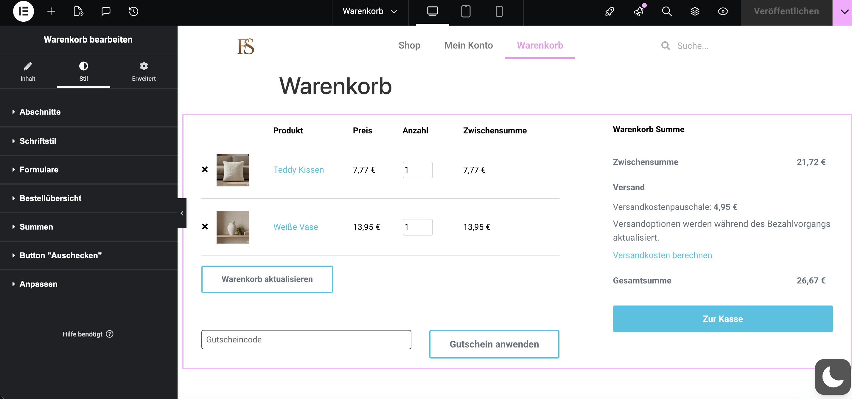 Warenkorb mit Elementor anlegen