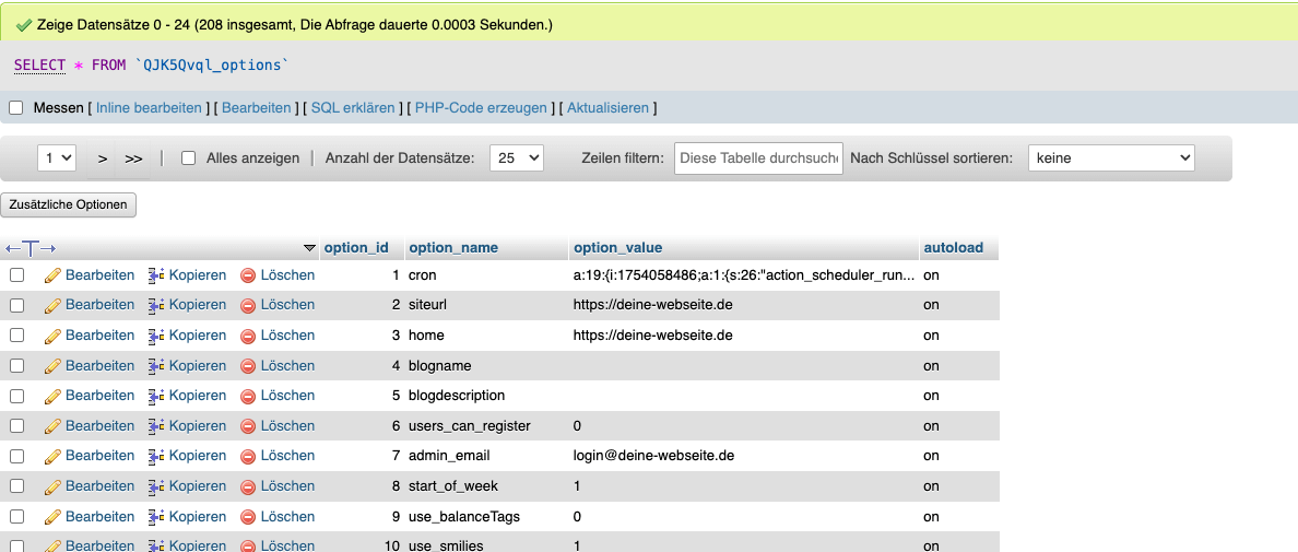 Beispiel einer Wp-options-Tabelle
